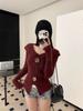 Chicas Calientes Sexy Nicho Volantes Irregular Manga Larga Camiseta Tejida Camiseta Otoño e Invierno Suéter con Botones Camisa Base Top