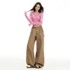 Calça de Trabalho Cáqui Estilo Americano para Mulheres, Nova Jeans Casual Retro de Perna Larga Reta Solta Flare com Múltiplos Bolsos