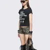 Estilo Chica Caliente del Milenio Y2K Top Corto Negro de Manga Corta y Cuello Redondo Estampado de Letras Camiseta de Mujer High Street