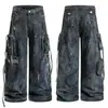 Jeans de Pierna Ancha para Hombre con Bolsillos Múltiples, Estilo Workwear con Salpicaduras de Tinta Deterioradas, Nuevo Estilo de Primavera con Cintas, Pantalones Largos Casuales Sueltos para Parejas, Estilo para Mujer