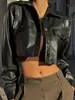Chaqueta corta de cuero de cintura alta ajustada para chicas petite calientes, estilo retro europeo y americano, chaqueta de cuero entallada al estilo americano en hombros y cintura