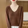 Suéter de punto sin costuras 100% lana con cuello en V y puntos de colores, corte holgado, adelgazante, color liso, suéter base de punto para mujer