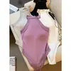 Enterizo halter puramente seductor, camisola sexy de malla sin mangas con cuello halter para mujer, top de verano con copas incorporadas
