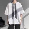 Camiseta de Manga Corta con Cinta Estilo Británico-Coreano para Hombre, Moderna de Verano Talla Grande Corte Holgado para Personas Altas y Corpulentas, Top de Manga Media de Nicho