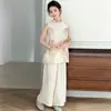 Conjunto de Verão para Meninas 2026 Novo Estiloso Top sem Mangas com Gola Alta e Calça de Pernas Largas, Conjunto de Duas Peças Novo Estilo Chinês Super Estiloso