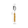 Cuchillo, tenedor y cuchara de acero inoxidable 304 Mango de bambú natural Cuchillo para bistec occidental y tenedor Cuchara para postre Tenedor Juego de vajilla
