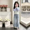 Conjunto moderno e estiloso de duas peças para crianças mais velhas: moletom de manga comprida para primavera e outono e jeans de corte solto com estampa de estrelas para meninas