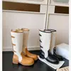 20264cm Salto Grosso Dobrável Dupla Utilização Fivela Cor Bloqueada Bico Redondo Botas de Equitação Meia-Panturrilha Sola Grossa Aumenta Altura Botas Longas para Mulheres
