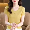 Moda de Verano 2026 Versátil Cuello en V Seda de Hielo Lyocell Elegante Delgado para Mujer Tencel Holgado Adelgazante Manga Corta Top
