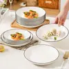 Prato Louça Conjunto de Pratos Domésticos Prato com Borda Preta Prato de Arroz Prato Fundo Prato de Café da Manhã Prato Simples Estilo Nórdico