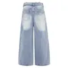 Calça Jeans com Estampa de Bambu Lavada para Homens e Mulheres, Adequada para Todas as Estações, Marca Nova e Moderna, Estilo Calça Longa Wide-Leg Azul Solta