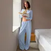 Transfronterizo 2026 Verano Nuevo Estilo Europeo y Americano Encaje Jacquard Holgado Manga Larga Pantalón Largo Conjunto de Dos Piezas Pijama para Mujer Ropa de Casa