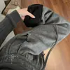 Calça de arroz pegajoso cinza com strass feminina outono e inverno novo estilo espessada com veludo pelúcia estilo casual preguiçoso calça de perna larga calça solta com caimento