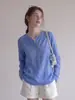 Cárdigan de Punto Azul con Cuello Medio Abierto para Protección Solar para Mujer, Camiseta Casual Holgada de Manga Larga Estilo Old Money de Verano, Top Delgado como el Papel para Persona Delgada