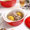 Olla de Sopa Cerámica con Doble Asa Venta al por Mayor Transfronteriza Olla de Estofado Rayada Gran Capacidad Olla para Estofar en Microondas para Uso Doméstico Olla con Doble Asa