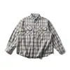 Camisa Xadrez de Lapela com Bolso de Manga Longa Estilo Retro Americano Confuciano e Menciano Masculina Outono Solta Tendência Marca Versátil Jaqueta Casual