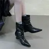 Botas de tornozelo estilo europeu e americano, bico fino, franzidas, com salto bloco, para mulheres, nova coleção 2026, botas de moda de salto alto