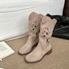 Moda Retro Bordado Calado Botas Vaqueras Occidentales para Mujer 2025 Verano Nuevo Más Fácil de Combinar Ropa Exterior Tacón Grueso Botas de Caballero