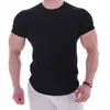 Camiseta deportiva de algodón elástico de manga corta para hombre, color liso, de verano, para fitness, absorbente de sudor, cuello redondo