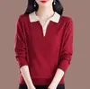 Nueva camiseta de seda de manga larga para mujer, top holgado con cuello, elegante camiseta fina de punto base para primavera y otoño