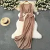 Traje Estilo Férias na Praia Feminino Pequeno Popular na Internet Estilo Popular Cintura com Tira Manga Longa Malha Saia Longa com Recortes