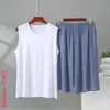 Conjunto Casual de Chaleco sin Mangas para Hombre de Verano Conjunto de Dos Piezas de Algodón y Seda Transpirable Delgado Pantalones Cortos Sueltos Ropa para el Hogar