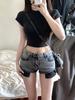 Shorts de mezclilla retro para chica sexy, verano para mujer, cintura baja, ajustados, sexys, pantalones cortos, pequeños, que cubren el trasero, pantalones de pierna ancha