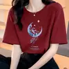 Nova camiseta de algodão puro com modelagem solta e mangas curtas para mulheres, para usar no verão, nova blusa estilosa com estampa, gola redonda, adequada para primavera e outono