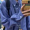 Camisa Xadrez Clássica Retrô Americana de Outono Camisa Azul Preguiçosa de Manga Longa Unissex Jaqueta Xadrez Solta Versátil