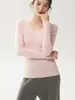 Máquina lavável! Suéter feminino de tricô fino Yangzi 100% lã, gola V slim-fit, blusa base de tricô fina sem costura