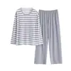 Conjunto Casual Holgado de Pijama para Mujer Otoño 2026, de Manga Larga a Rayas y Pantalón Largo, con Almohadillas Integradas en el Sujetador, Anti-Transparencia