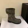 Botas de moto Chuyuji estilo retro con hebilla, de corte bajo, punta redonda, tacón medio grueso, botas de moda, versátiles botas de montar