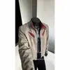 Chaqueta de Cuero para Motocicleta con Cuello Alto de Bloques de Color Americano Retro para Hombre Otoño Tie-Dye Desgastada Fresca de Moda Marca Traje de Vuelo Chaqueta