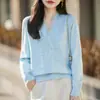 Cardigã de lã fina com decote V e acabamento em renda solúvel em água, casaco romântico e elegante, top versátil para outono e inverno