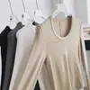 Camiseta de punto para mujer de manga larga, suave y flexible, de lana Lyocell Tencel, fina, de cuello en U, corte ajustado, para otoño