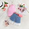 Samgamibaby Conjunto de Verano para Niñas Color Sólido Sin Mangas Suéter Shorts de Mezclilla Conjunto de Dos Piezas Ropa Infantil Europea y Americana