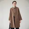 Nuevo abrigo de lana de doble cara de un solo botón para mujer para otoño e invierno, de longitud media, cuello alto, chaqueta elegante y versátil