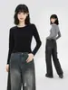 Camiseta Base de Manga Larga Ajustada Estilo Francés para Mujer, Camiseta Regular de Hombro Otoño 2025, Adecuada para Usar en Capas en Otoño e Invierno, Top Holgado de Cuello Redondo