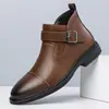 Botines de tobillo para hombre de talla grande de cuero genuino transfronterizos, Botas de cuero de caña media con punta redonda, formales de negocios, Botas estilo Martin con hebilla, estilo británico