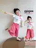 Conjunto de Niña 2026 Moda de Verano Gato de Dibujos Animados de Moda Pantalones Cuadros Casuales Conjunto de Dos Piezas para Niños