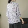 Fotos reales de una camisa de algodón y lino con estampado floral de primavera y otoño, con ribete de encaje, mangas largas, un cuello camisero y un estilo casual y vintage