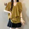 Blusa de Chiffon Feminina Plus Size de Verão Nova com Decote V Estilo Francês Design de Babados Manga Curta Camisa Fina