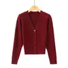 Nuevo cárdigan de punto de manga larga con cuello en V color vino tinto Otoño/Invierno para mujer MM Moda Temperamento Versátil Casual Talla Grande m Top