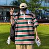 Camiseta Listrada Estilo Hong Kong Verão Japonês Tamanho Grande Manga Curta Camisa Polo Listrada de Hotel Masculina Preço Controlado