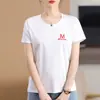 Suéter de punto M con cuello redondo bordado para mujer, color liso, talla grande, algodón mercerizado, básico, manga corta, adelgazante, para ir al trabajo, camiseta de algodón con manga corta