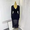 Vestido Midi de Cor Sólida com Gola V de Malha Elástica Slim Sexy, Novo Estilo Primavera e Outono, Comércio Exterior Transfronteiriço Europeu e Americano