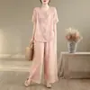 Conjunto Bordado Vintage de Seda e Linho para Mulheres 2026 Novo Estilo Artístico Solto Camisa de Gola Redonda e Calça de Cintura Elástica Wide-Leg Conjunto de Duas Peças