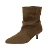 Botines Negros Apilados para Mujer Punta Fina Tacón de Aguja Gamuza Sintética Plisados sin Cordones Adelgazantes Tallas Grandes Botas para Mujer de Comercio Exterior