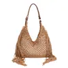 Bolsa de algodão com franjas transfronteiriças em trama vazada, bolsa de ombro feminina versátil, bolsa tote de grande capacidade, perfeita para férias e a praia