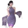 Vestido Feminino Sexy Elegante Roxo Shuoyao Cheongsam Chinês com Renda na Cintura e Gola Halter com Xale 690